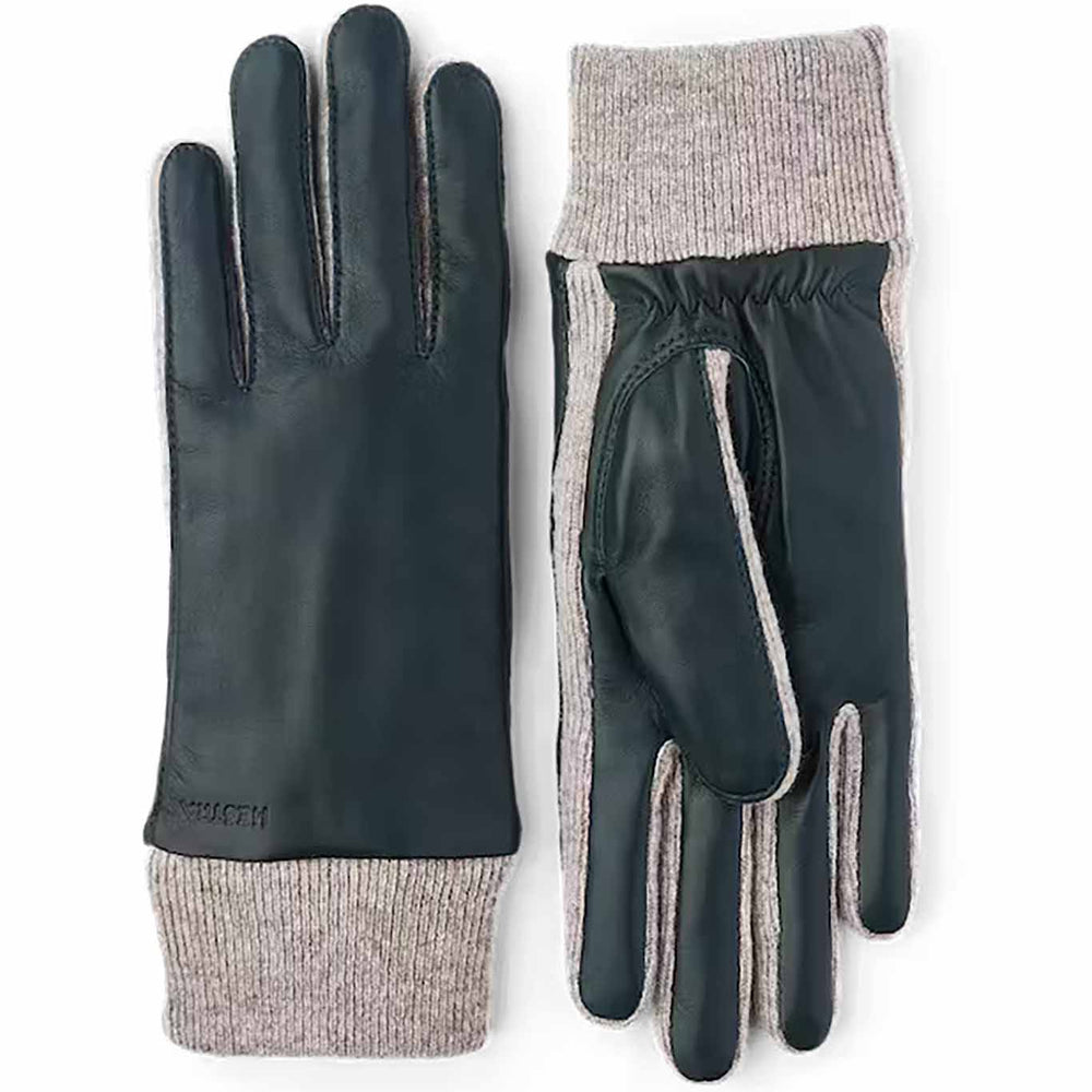 A pair of Hestra Jeanne Gloves featuring a combination of wool and Italian lamb nappa leather, with elastic wrist cuffs and half piqué seams.