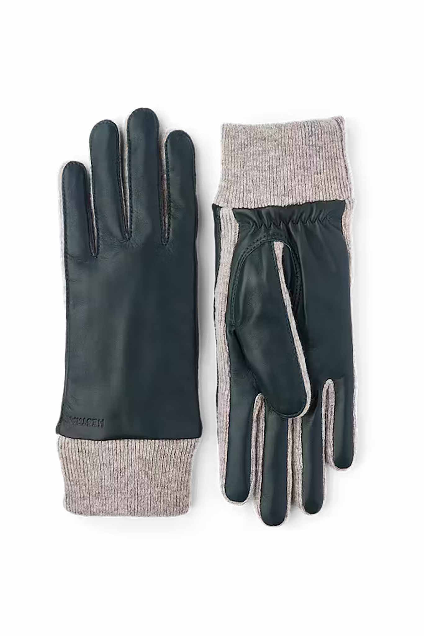 A pair of Hestra Jeanne Gloves featuring a combination of wool and Italian lamb nappa leather, with elastic wrist cuffs and half piqué seams.