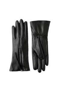 Pair of black leather gloves on a white background