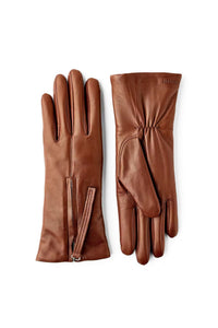 Pair of brown leather gloves with a zipper on a white background