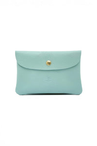 Mint green clutch bag with a gold clasp on a white background