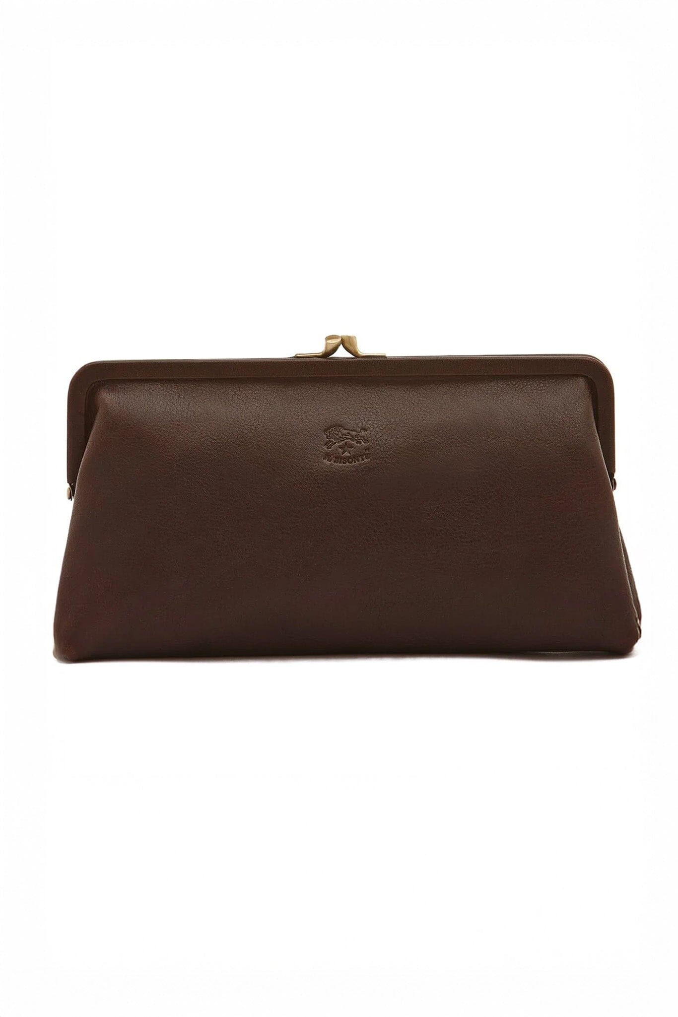 Brown leather clutch bag with a visible brand logo on a white background