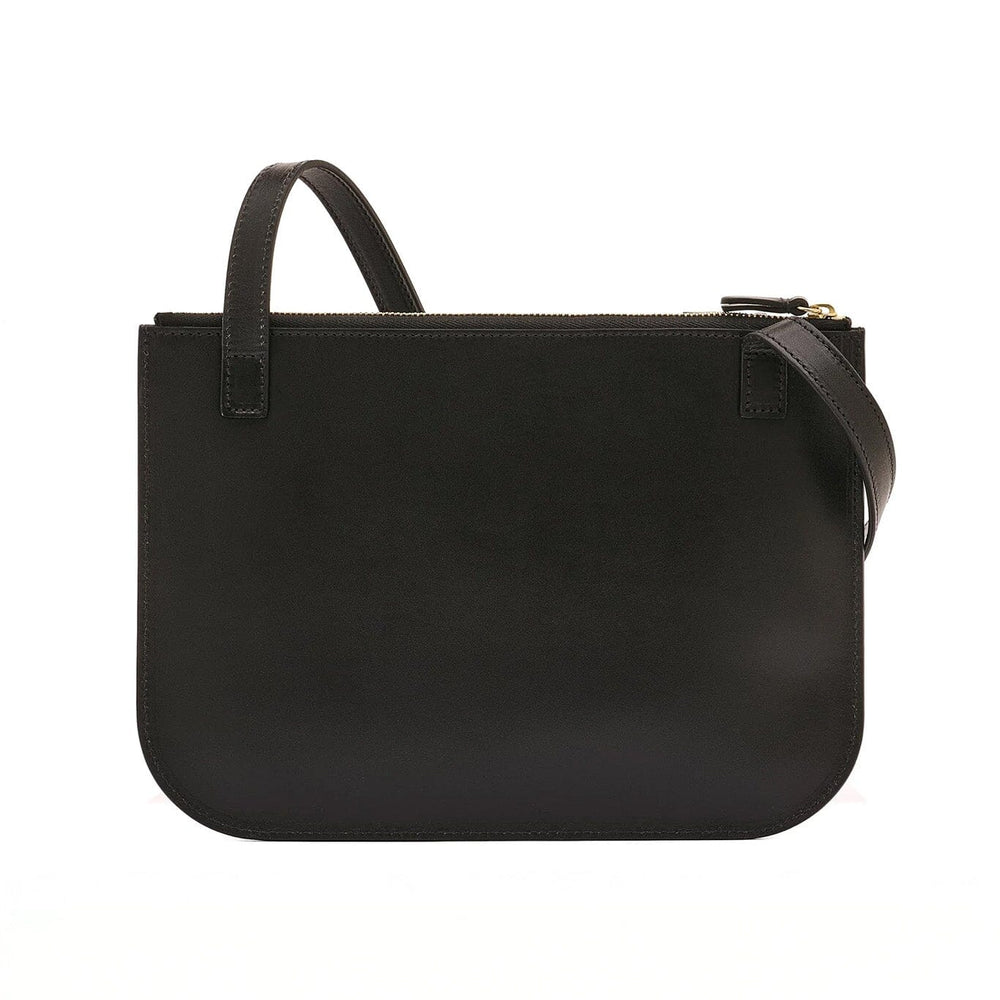 Black leather crossbodyhandbag on a white background