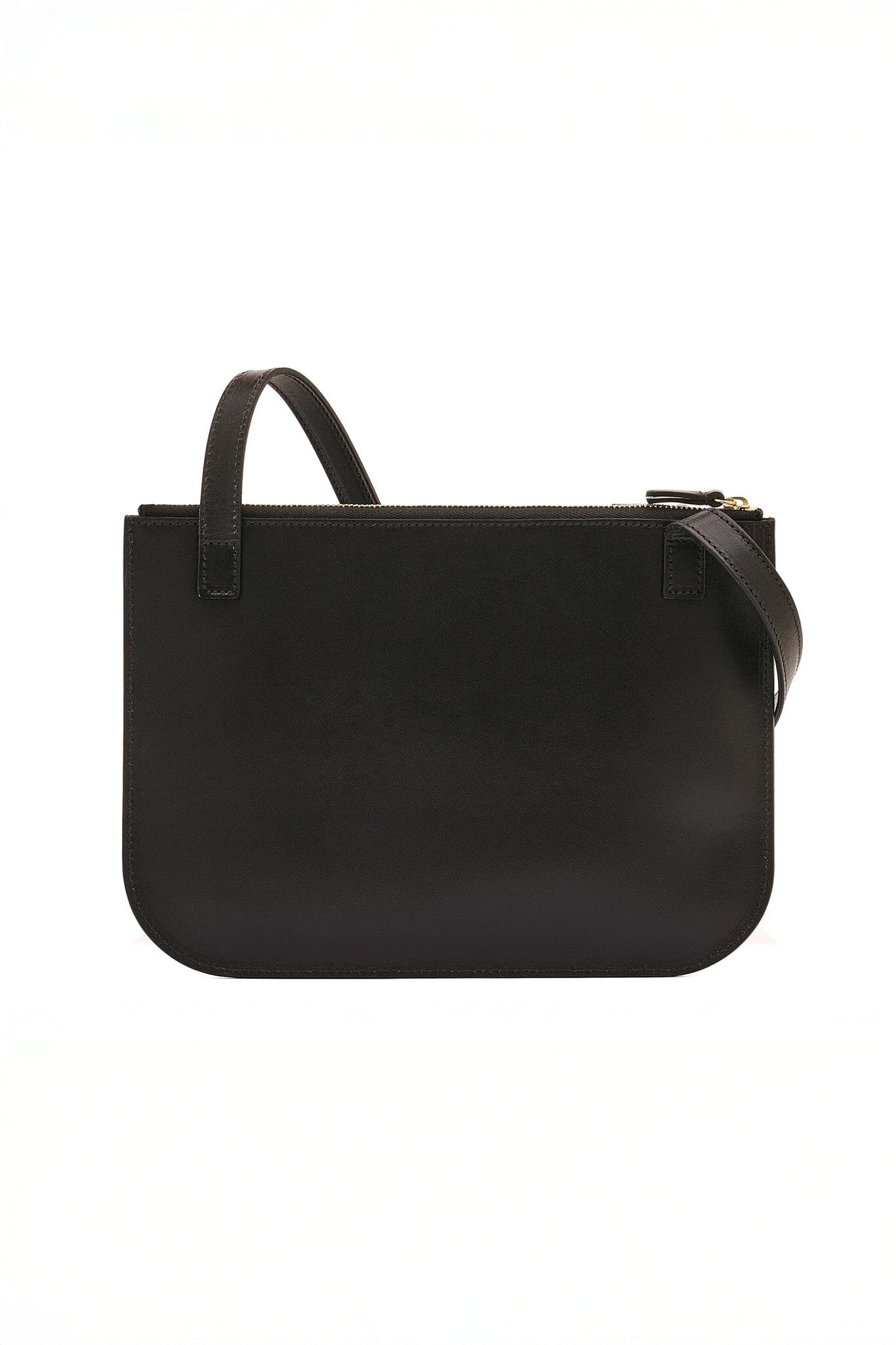Black leather crossbodyhandbag on a white background