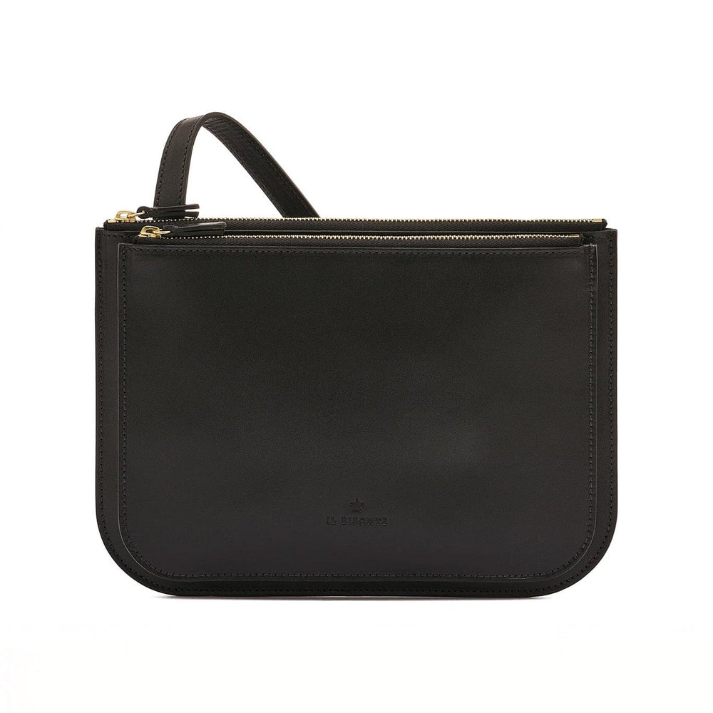 Black leather pouch with a zipper on a white background