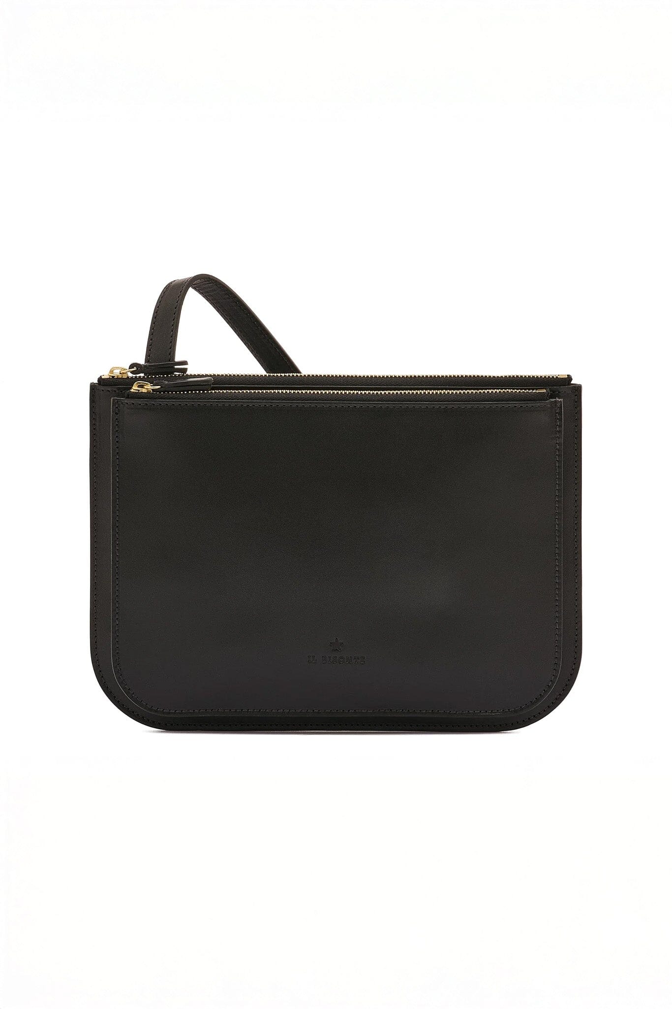 Black leather pouch with a zipper on a white background