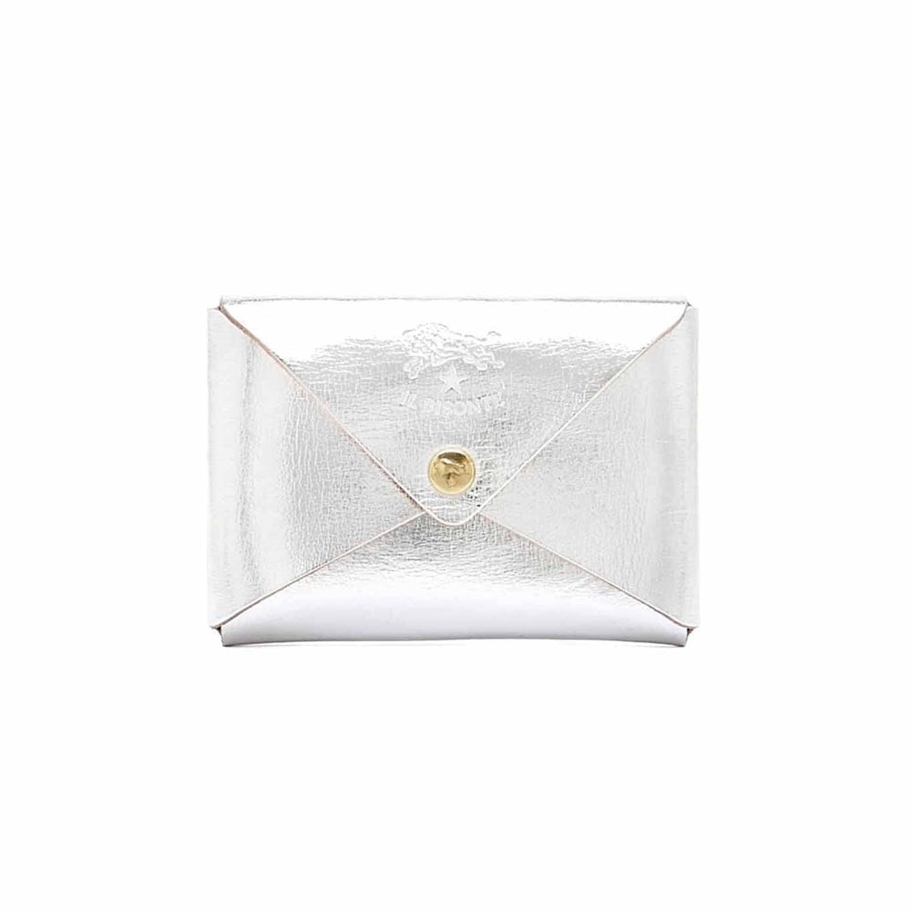 Small leather silver card case with brass snap closure