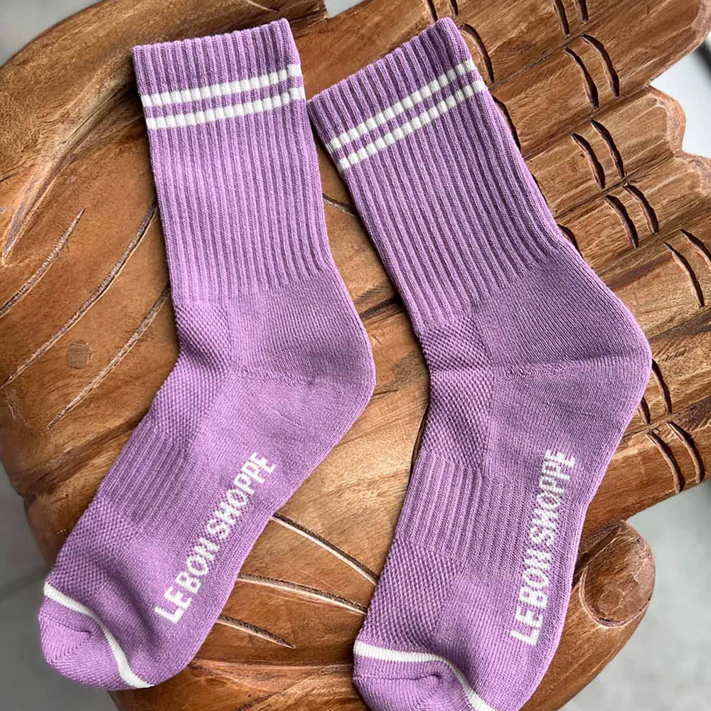 Purple ribbed crew socks with white stripes