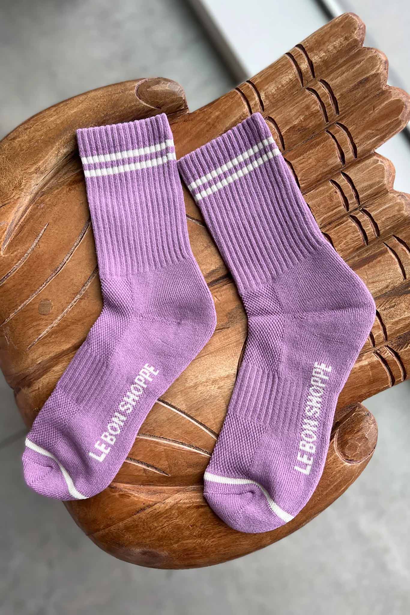Purple ribbed crew socks with white stripes