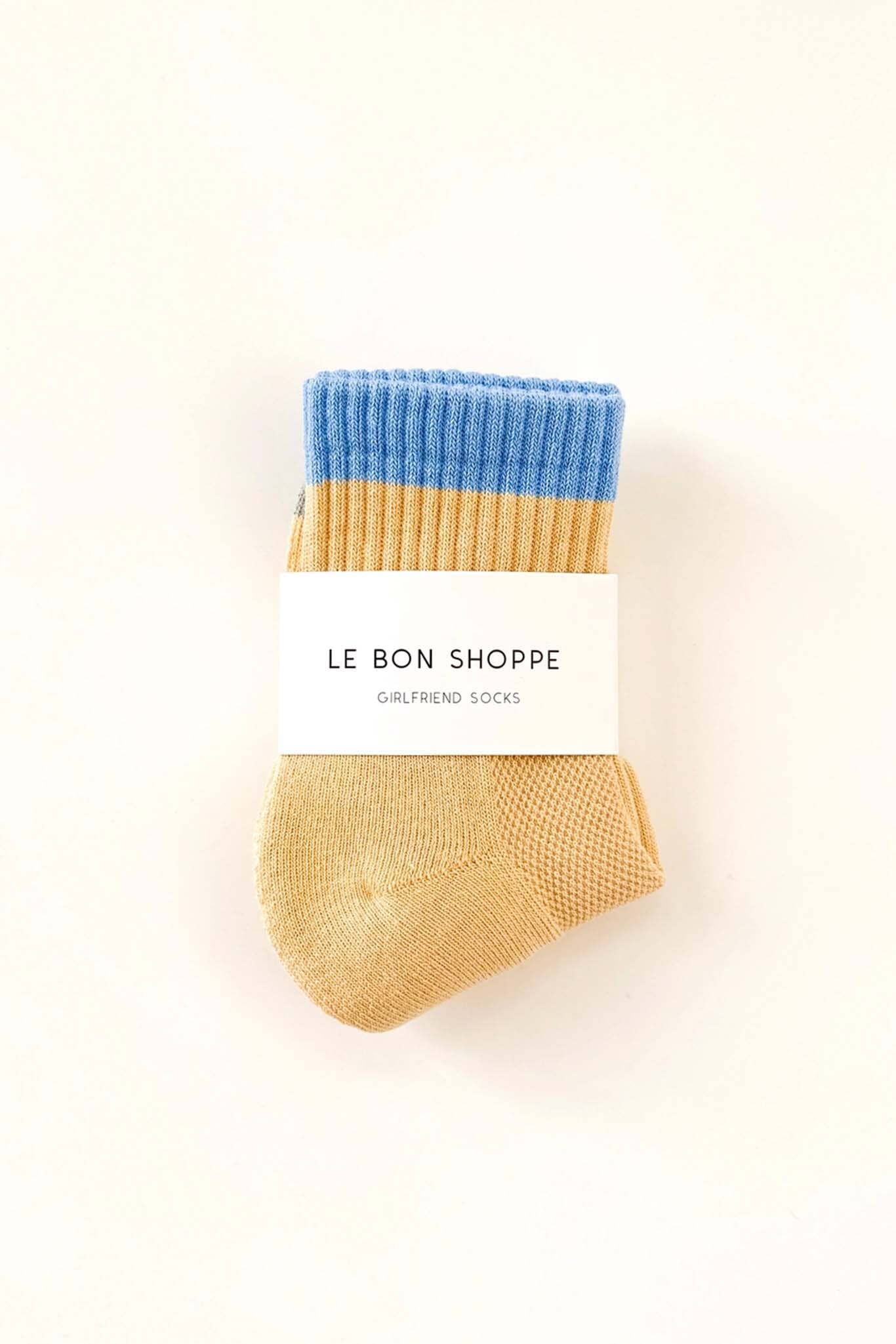 Color-blocked sock with 'Le Bon Shoppe' label on a white background