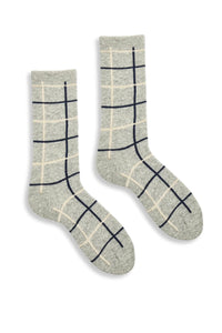 Lisa b. Windowpane Wool Cashmere Crew Socks - Light Grey
