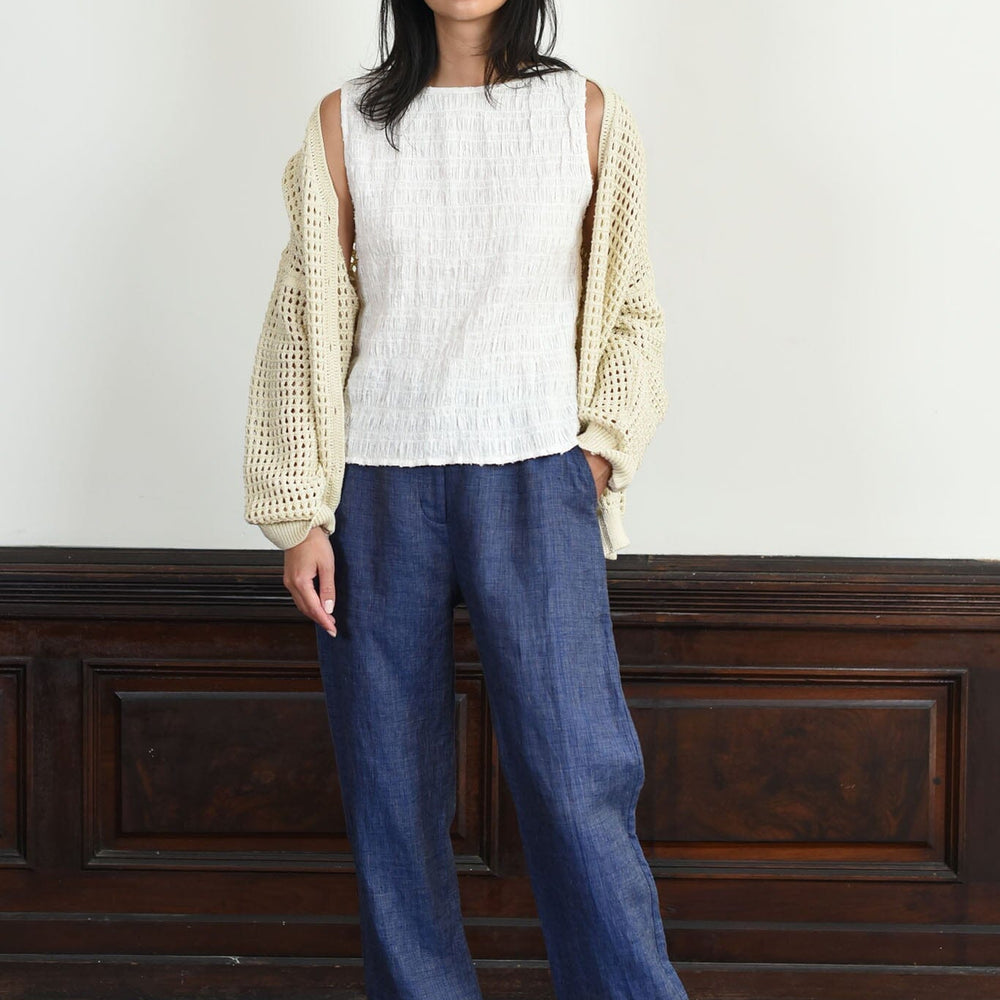 Alexy Pant by M.Patmos in blue multi, size large, crafted from 100% linen with functional pockets and a relaxed fit for comfortable, everyday wear.