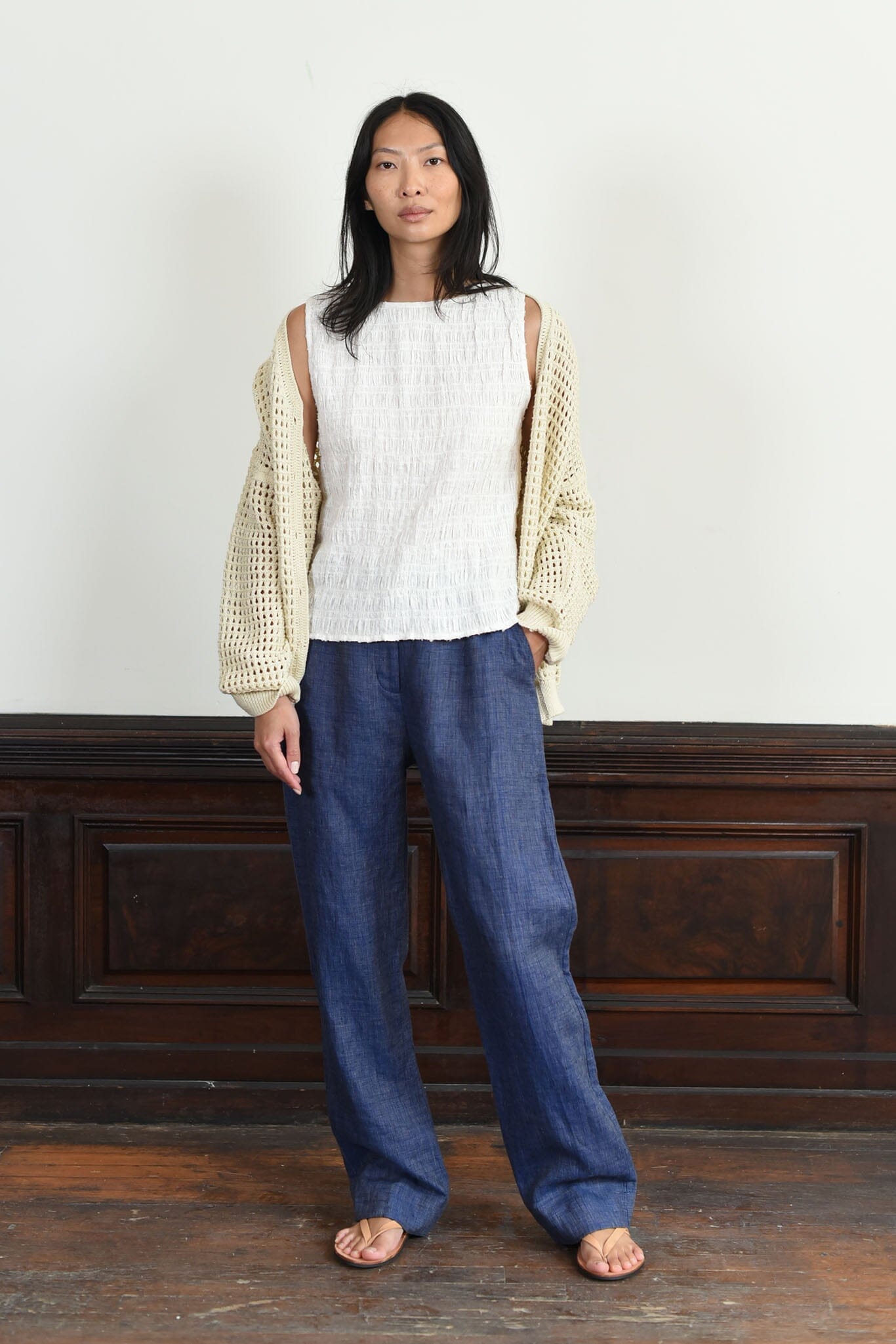 Alexy Pant by M.Patmos in blue multi, size large, crafted from 100% linen with functional pockets and a relaxed fit for comfortable, everyday wear.