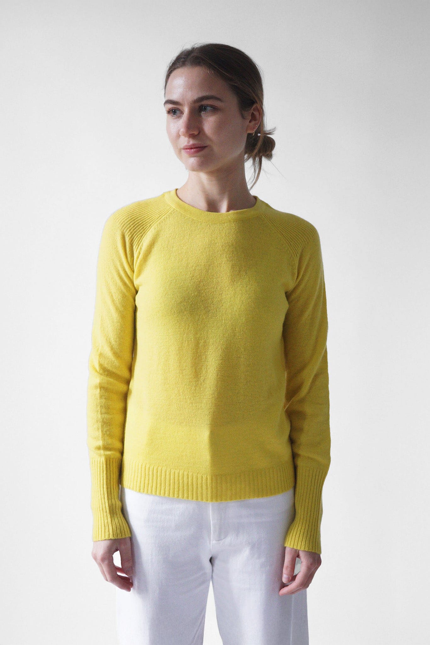 100% mongolian cashmere sweater in a bright yellow citron. Lightweight summer sweater.