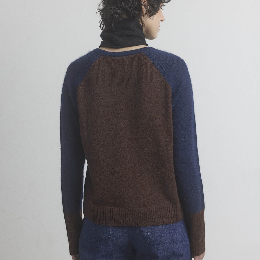 Person wearing a two-tone brown and navy cashmere sweater on a plain background