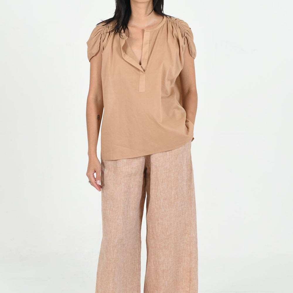 Carey top by M.Patmos in tawny, size large, featuring delicate petal sleeve detail, crafted from 100% handwoven cotton mulmu.