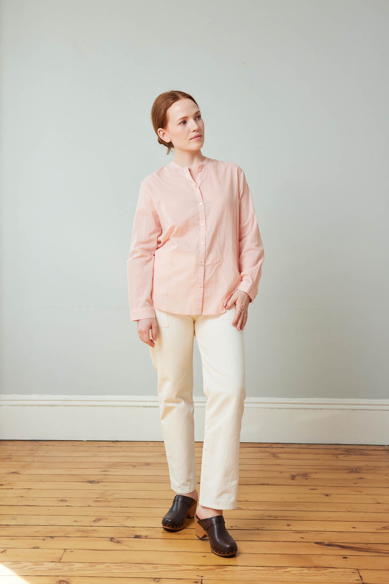 modern classic botton down band collar shirt. Perfect airy cotton summer shirt.