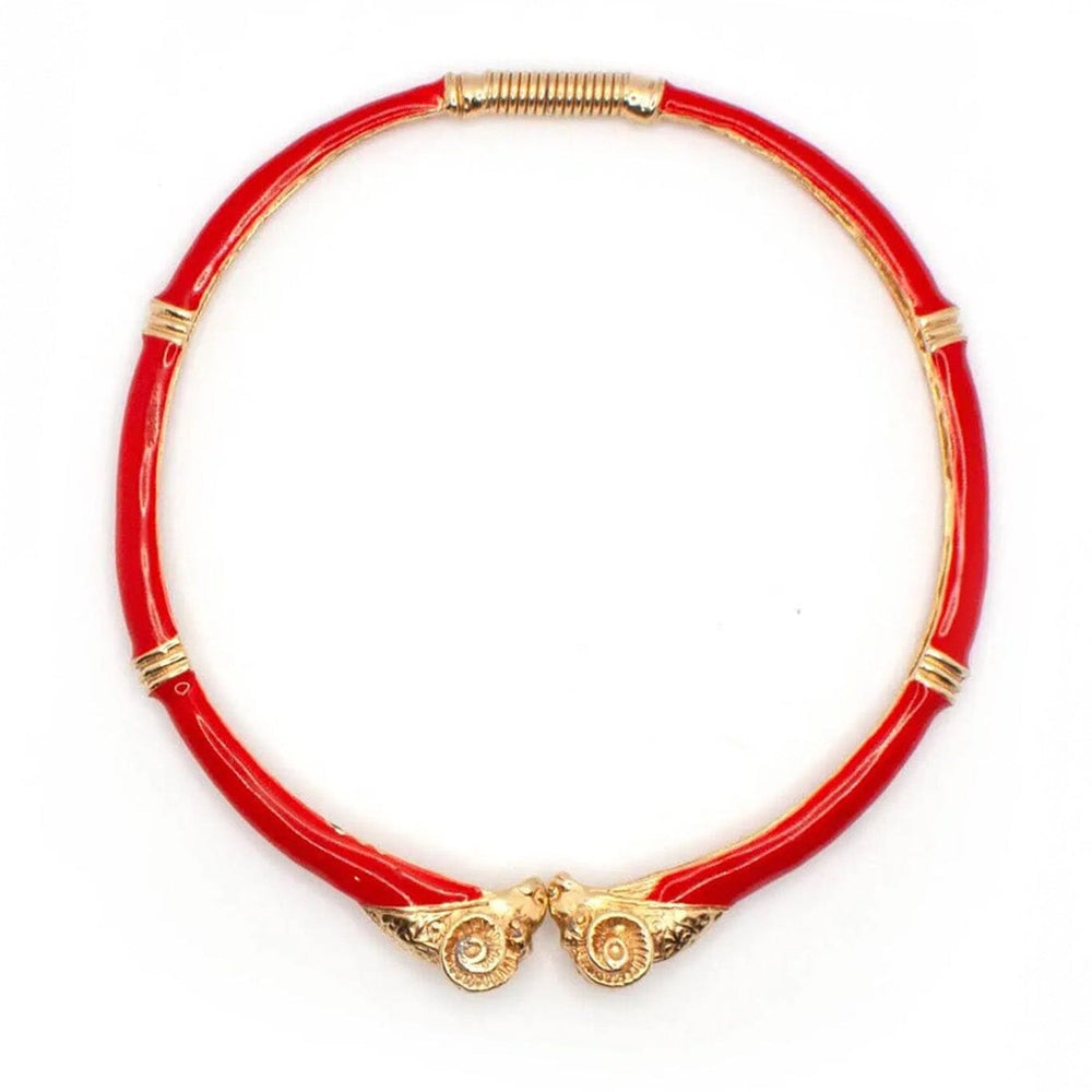 
                  
                    Red rams head enamel choker with gold accents on a white background
                  
                