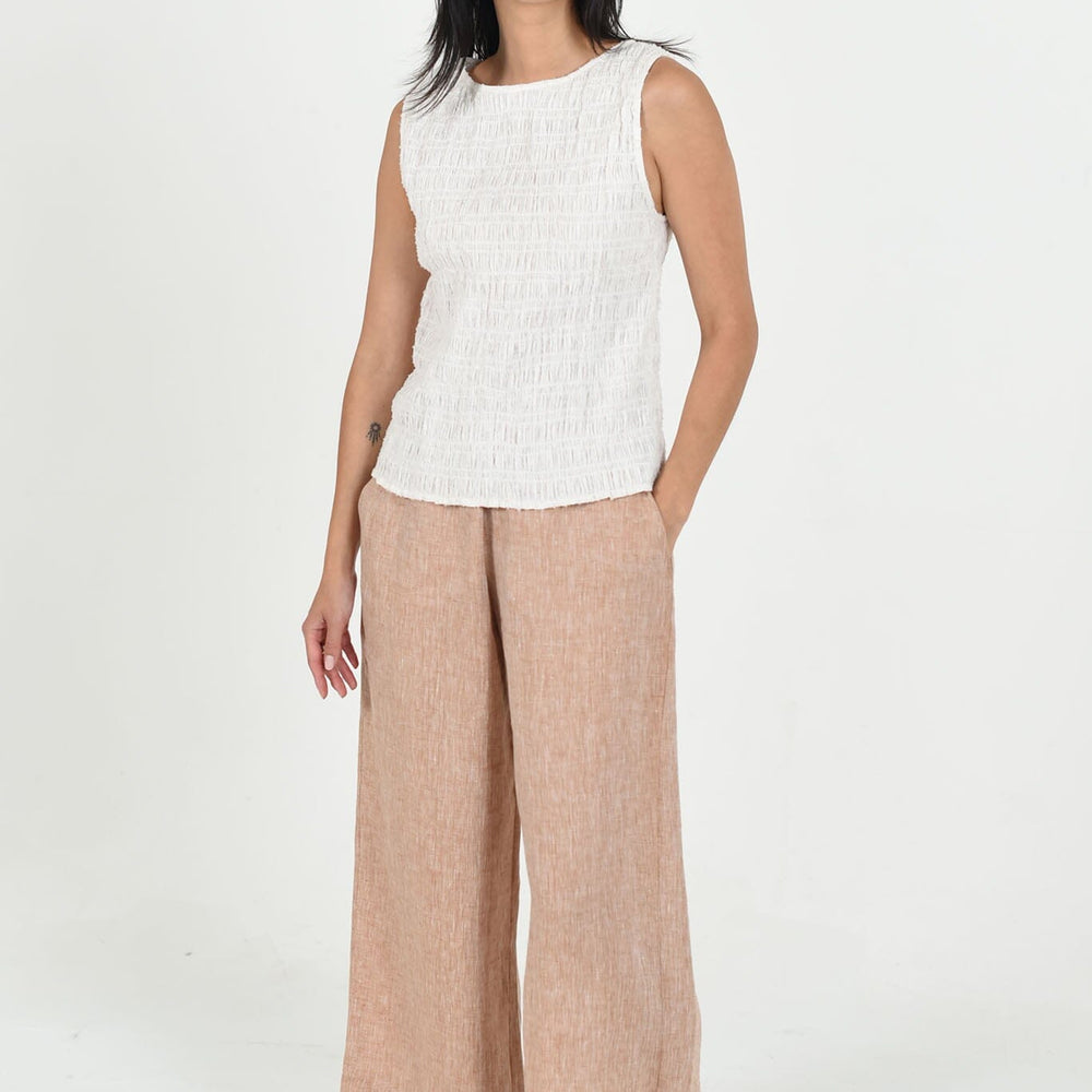 Elsa Pant by M.Patmos in biscuit, size large, made from 100% cotton denim with a modern elastic waist detail and wide-leg silhouette for a contemporary look.