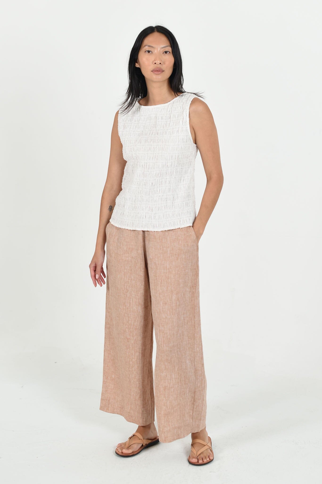 Elsa Pant by M.Patmos in biscuit, size large, made from 100% cotton denim with a modern elastic waist detail and wide-leg silhouette for a contemporary look.