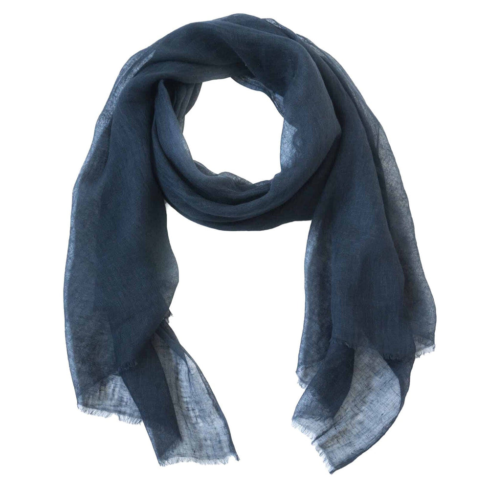 A navy blue handwoven scarf made of linen, displayed on a white background.