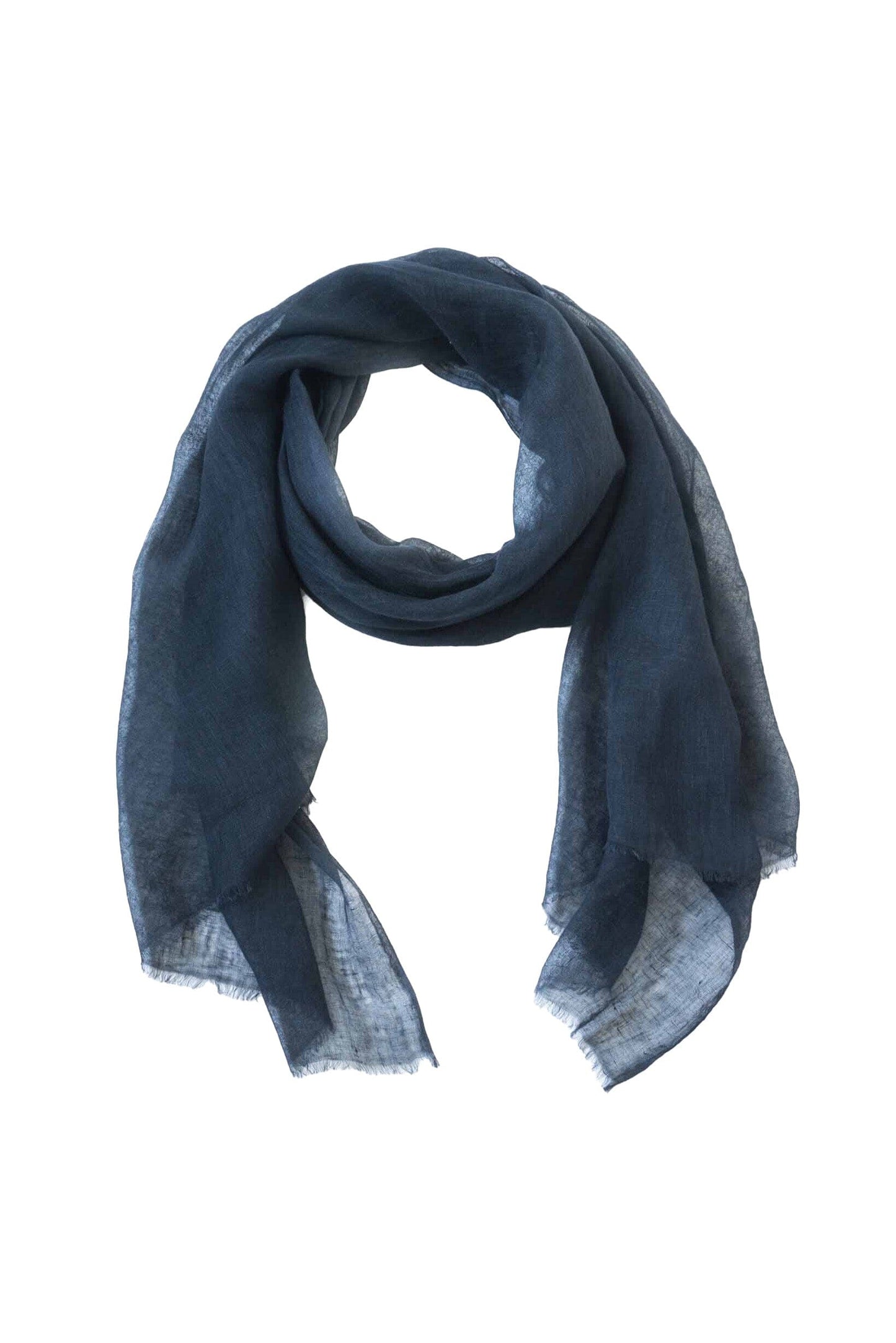 A navy blue handwoven scarf made of linen, displayed on a white background.