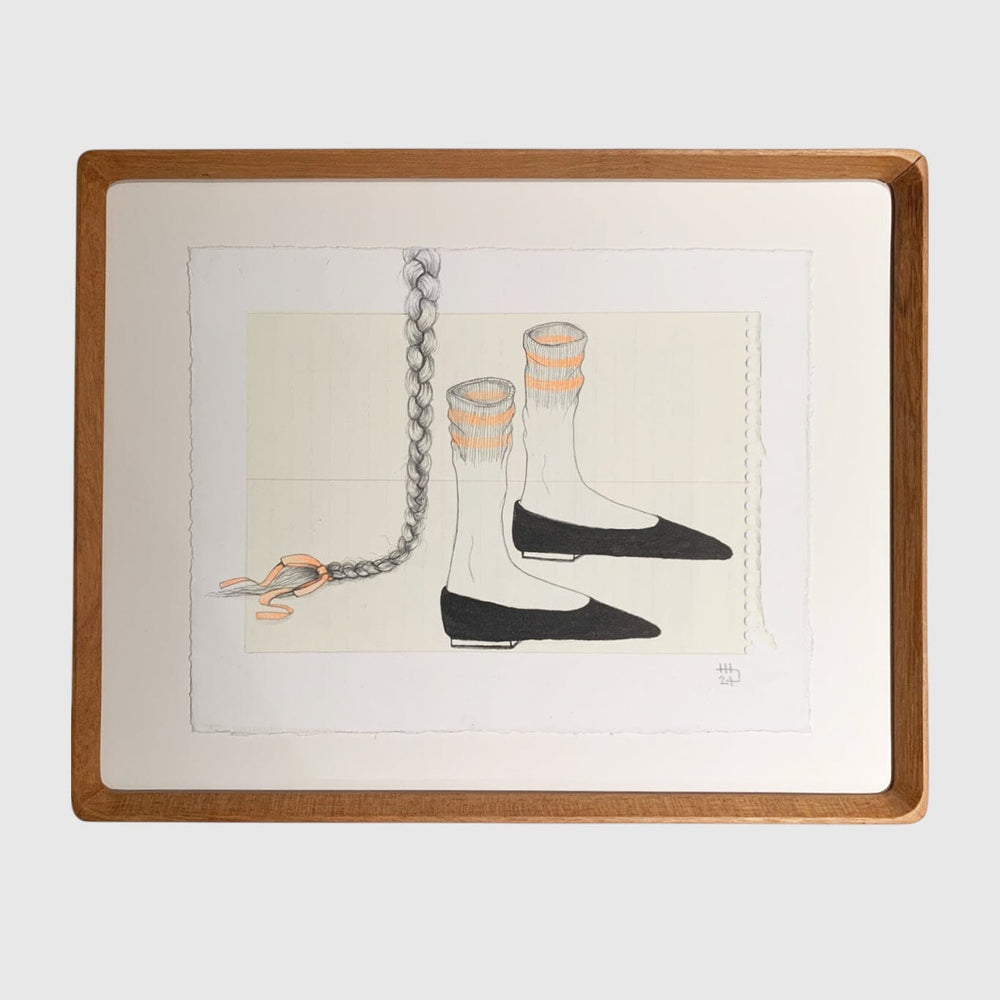 Illustration featuring a detailed and finely sketched braid and black ballet flats with socks on rectangle paper.