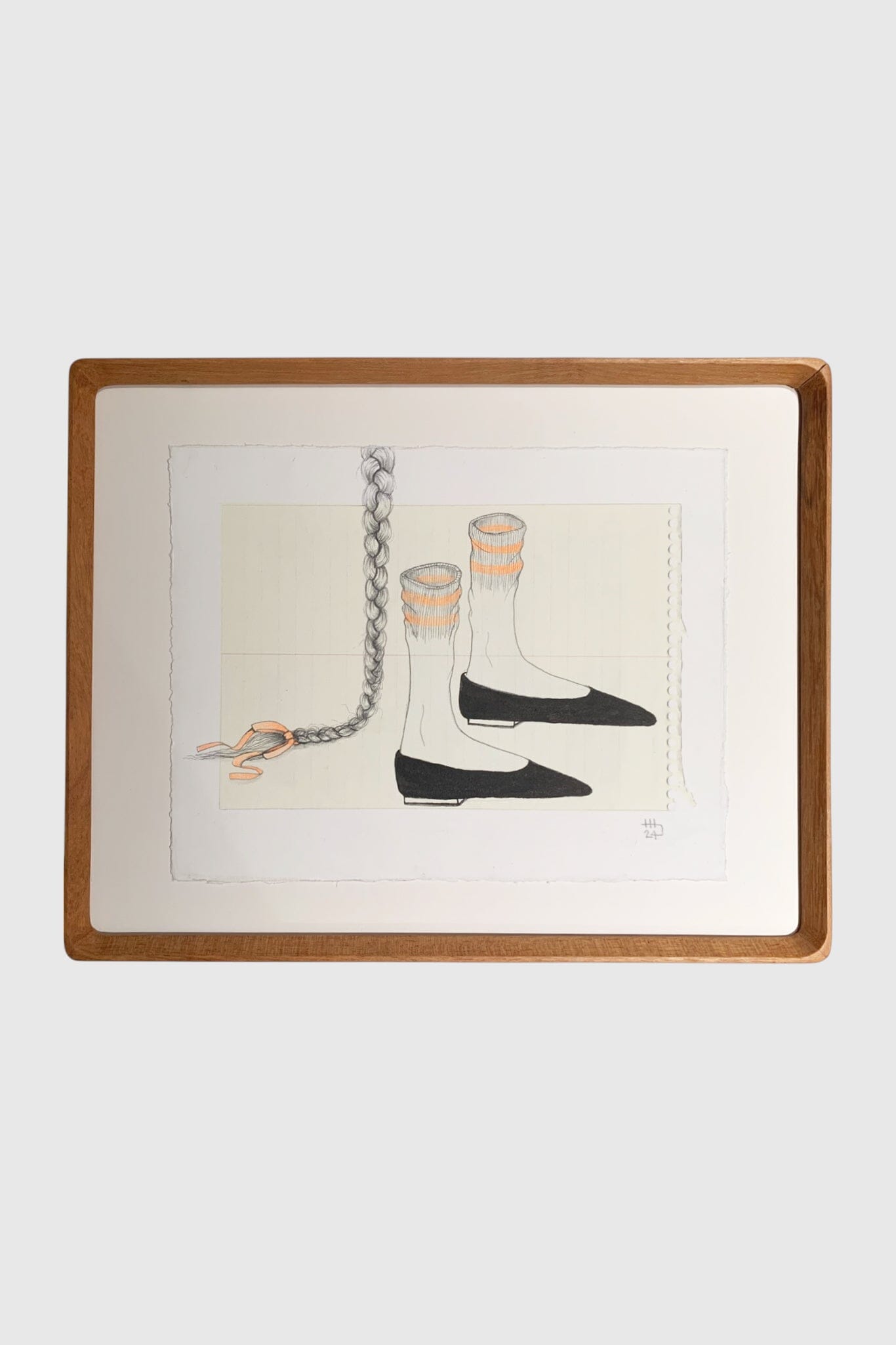 Illustration featuring a detailed and finely sketched braid and black ballet flats with socks on rectangle paper.