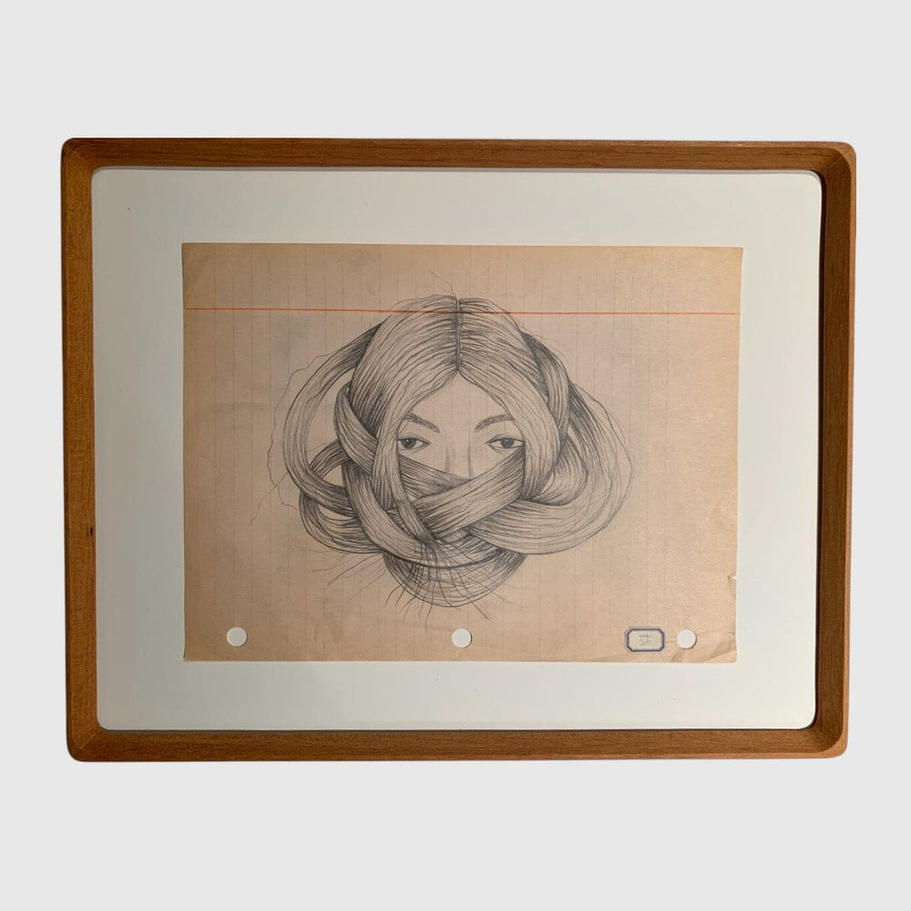 A soft, detailed illustration of a womans head and hair wrapped around her face. Drawn on aged line paper.