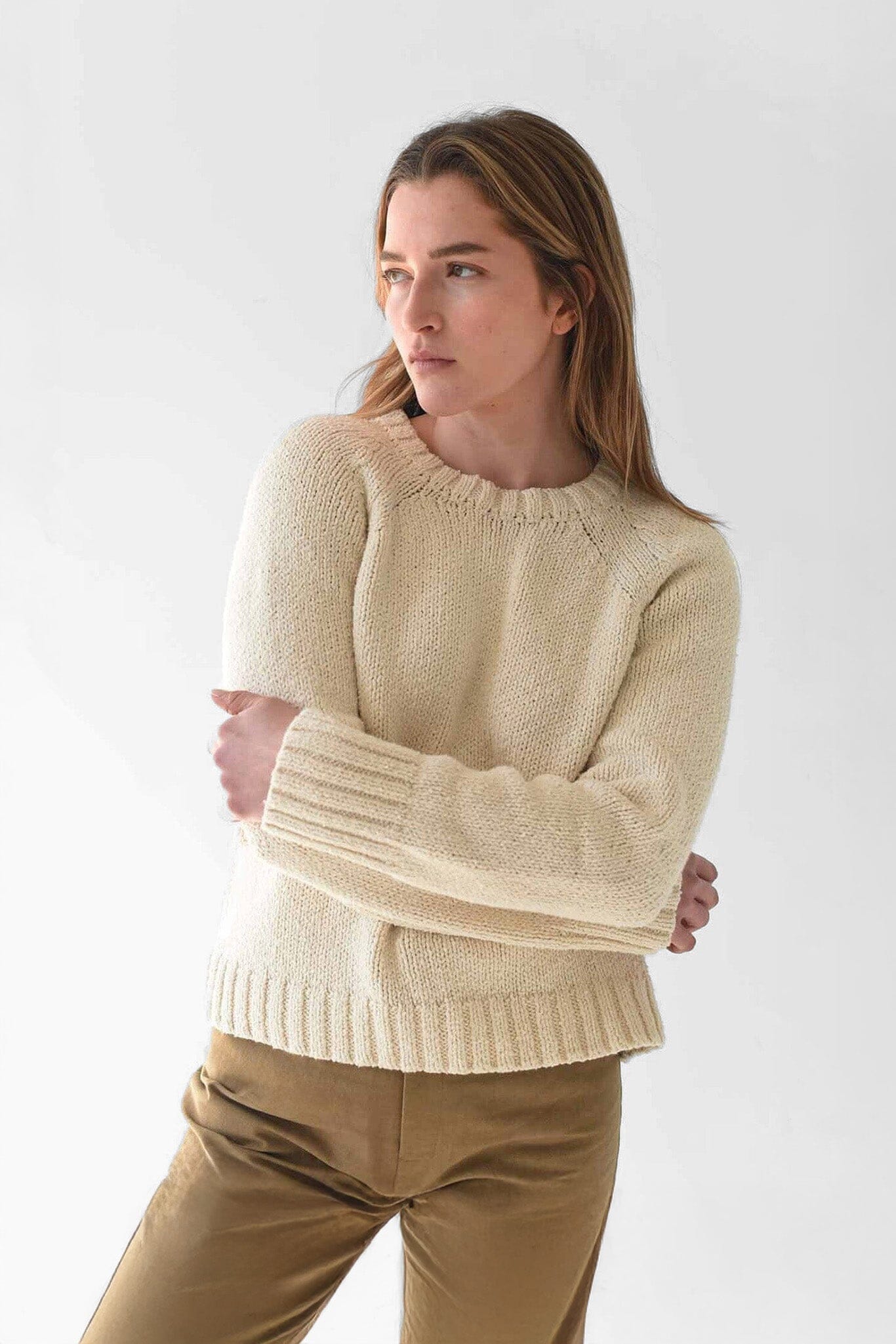 Cream, cotton long sleeve Ines sweater. Designed by M.Patmos in Brooklyn, New York.