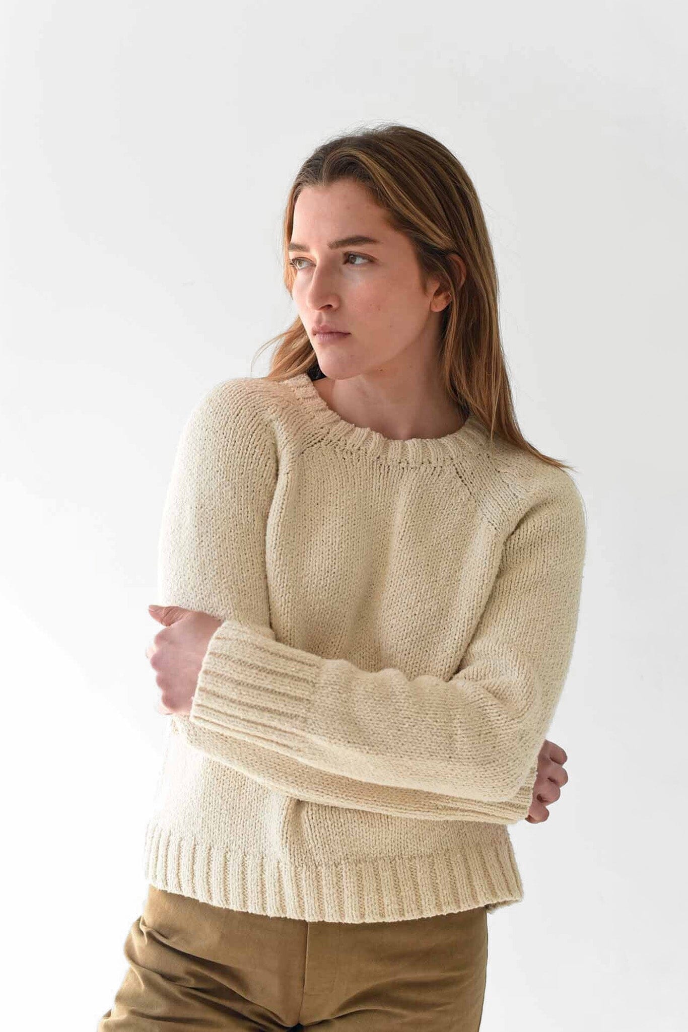 Cream, cotton long sleeve Ines sweater. Designed by M.Patmos in Brooklyn, New York.