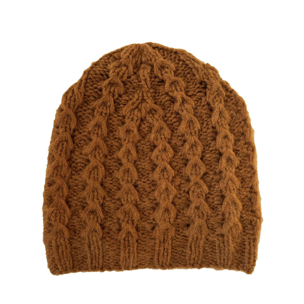 Brown knitted beanie on a white background