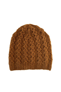 Brown knitted beanie on a white background