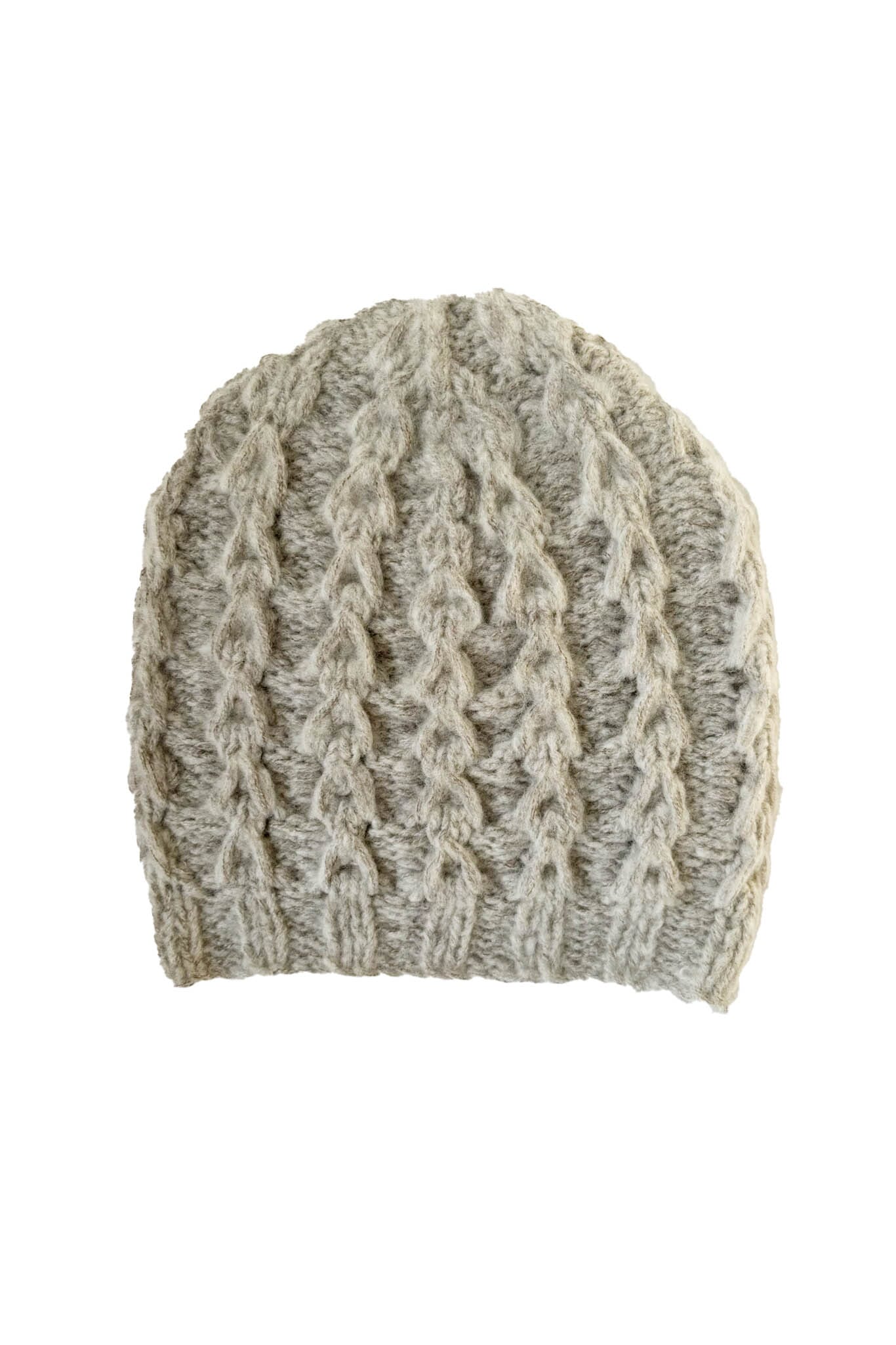 Knitted grey beanie with cable pattern on a white background.