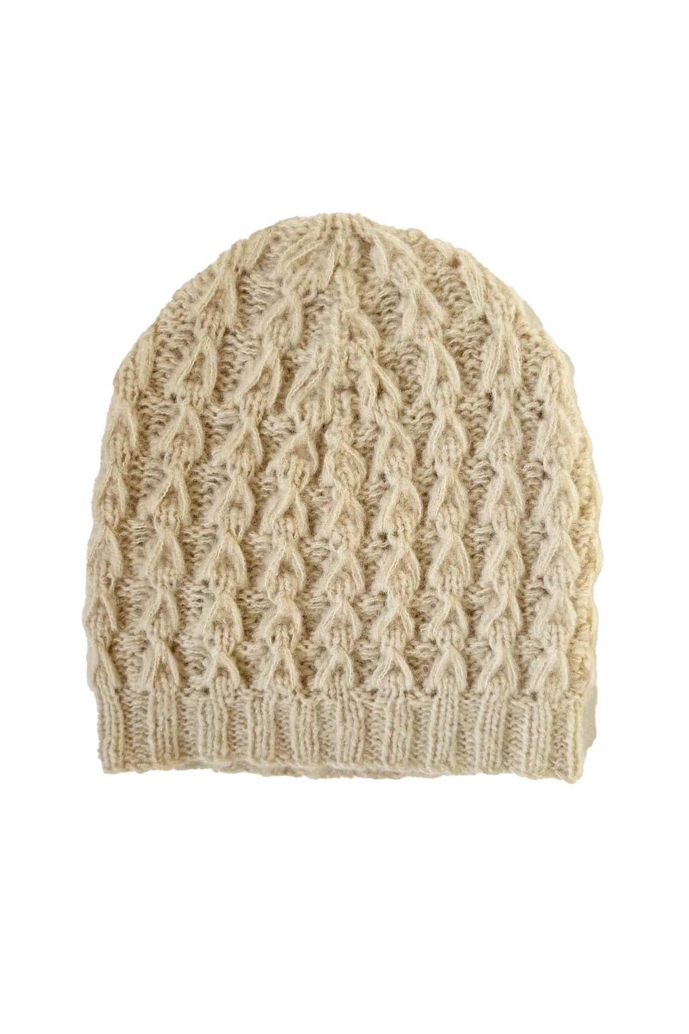 Beige knitted beanie on a white background