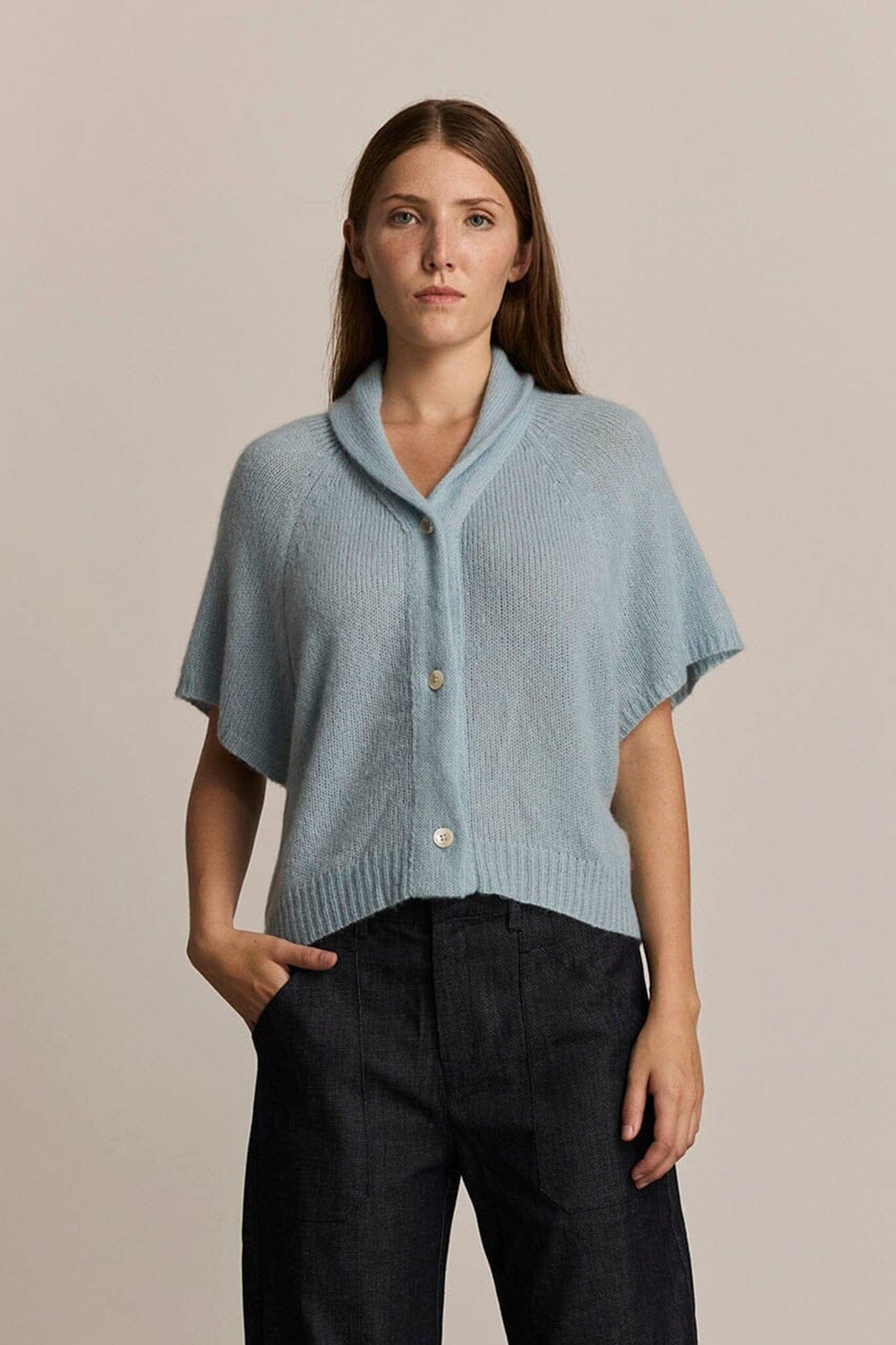 Light blue cashmere short sleeve sweater worn on a woman with a light grey background.