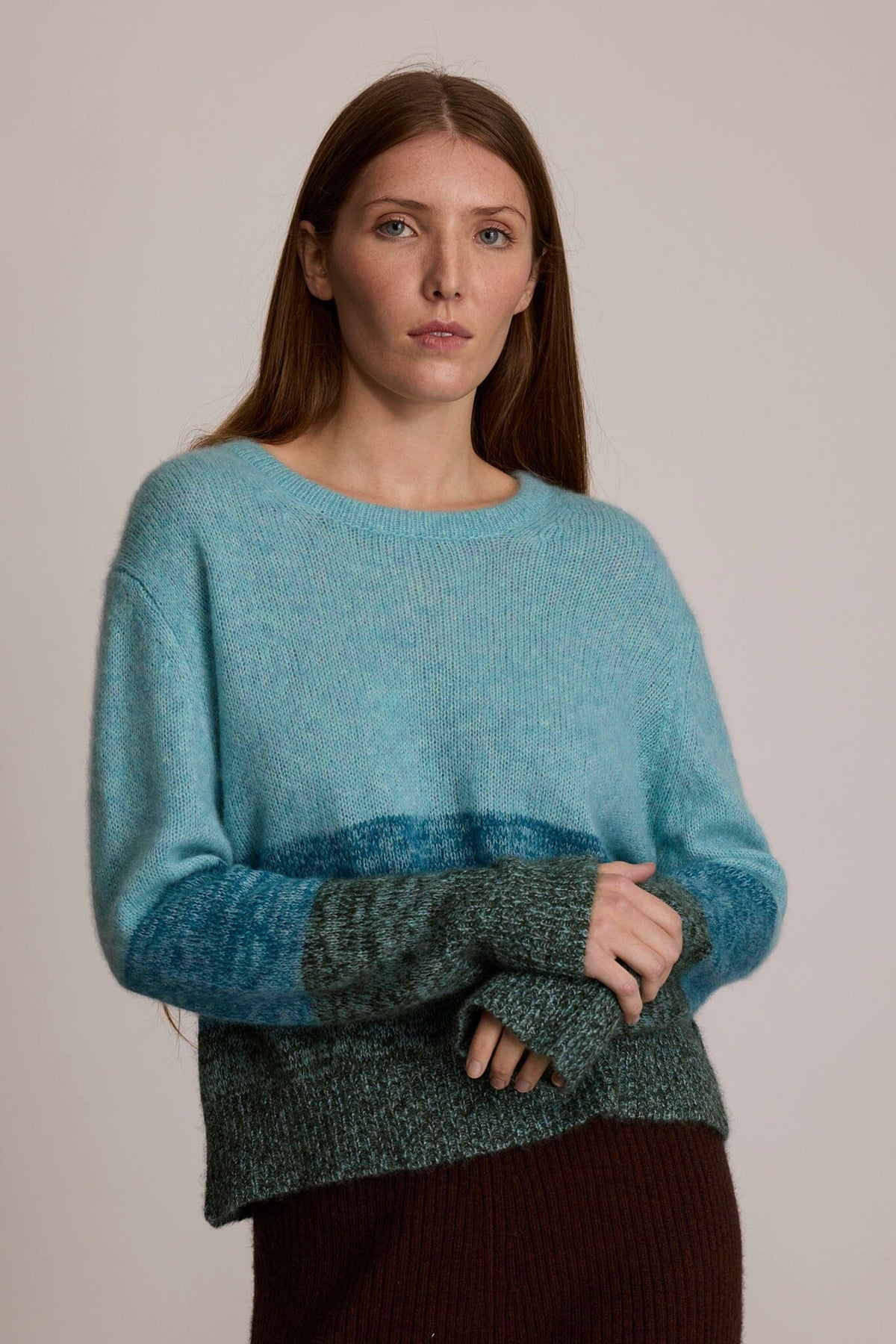 Woman wearing M.PATMOS Parker Pullover in Valley Combo, a relaxed cashmere silk gradient sweater.