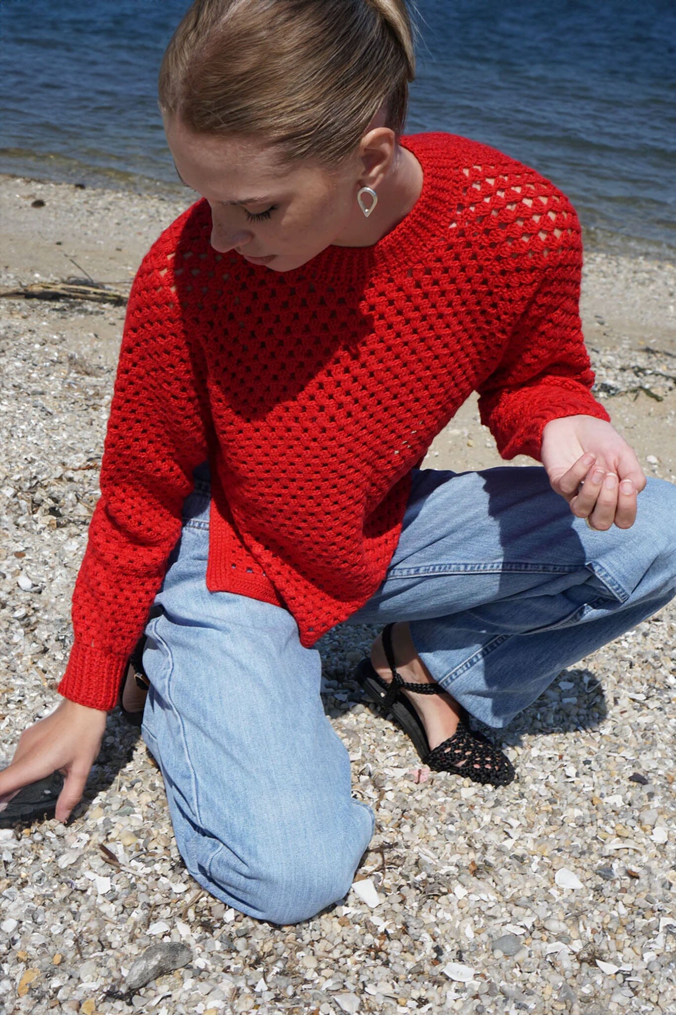 Proche - Red Pointelle Crocheted Sweater