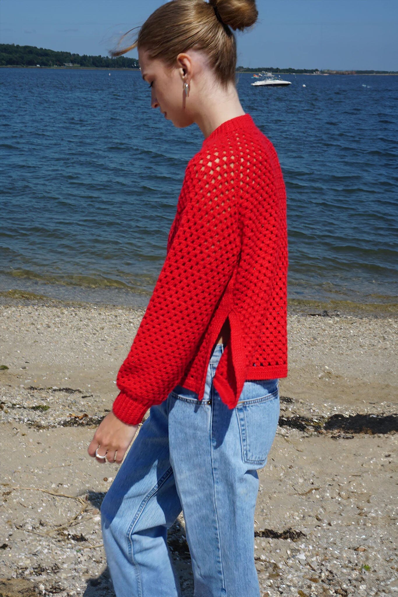 Proche - Red Pointelle Crocheted Sweater