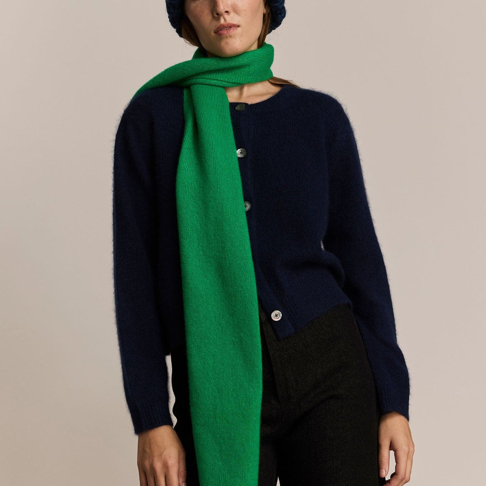 
                  
                    Woman wearing a navy sweater, black pants, and a long green scarf with a beige background
                  
                