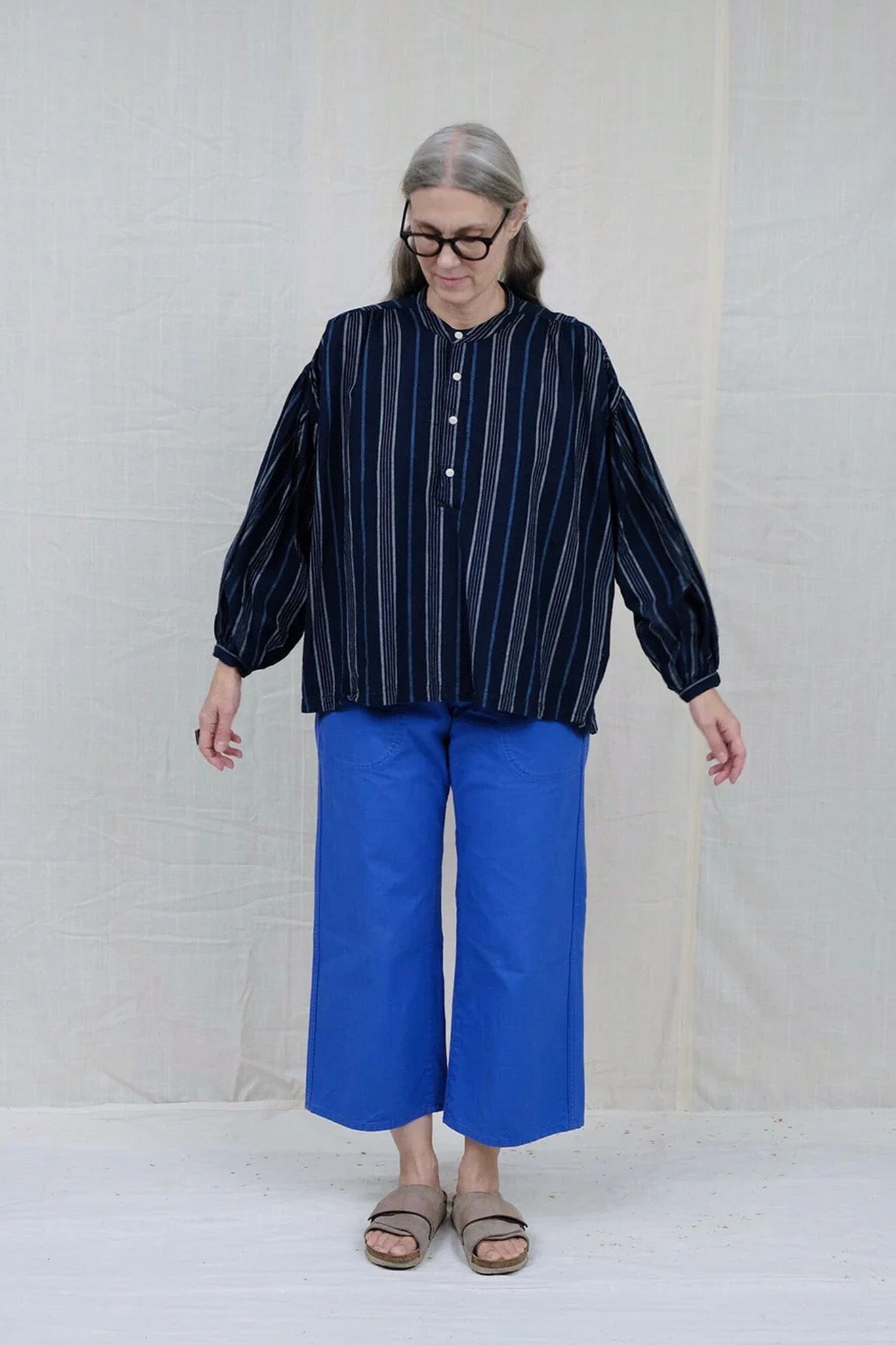 UQNATU Peasant Blouse - Indigo Awning Stripe