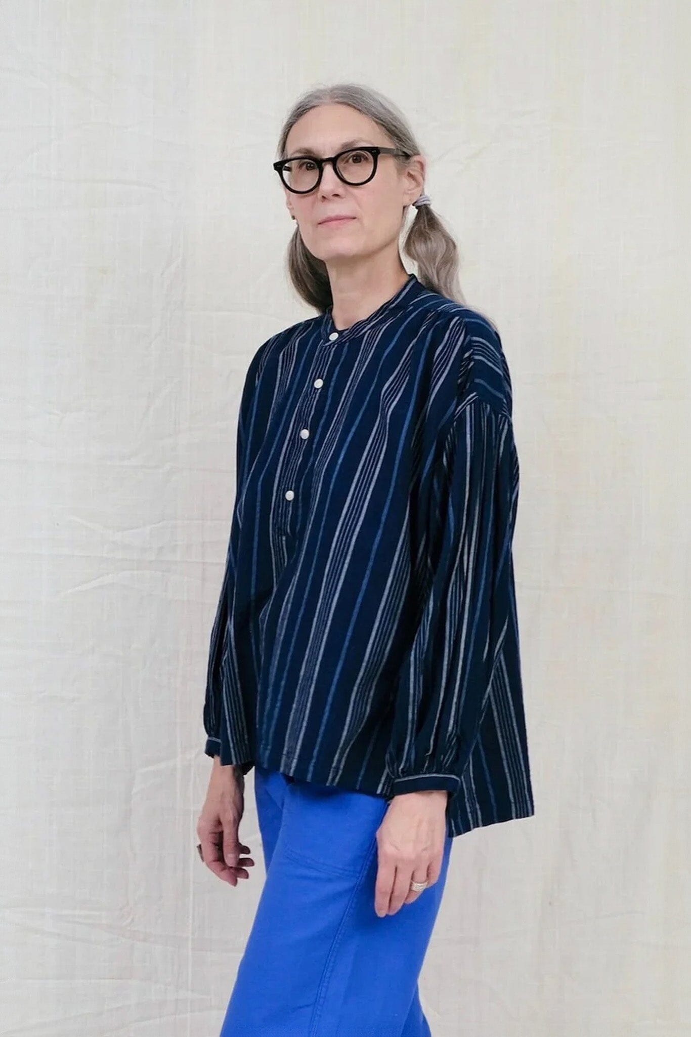 UQNATU Peasant Blouse - Indigo Awning Stripe