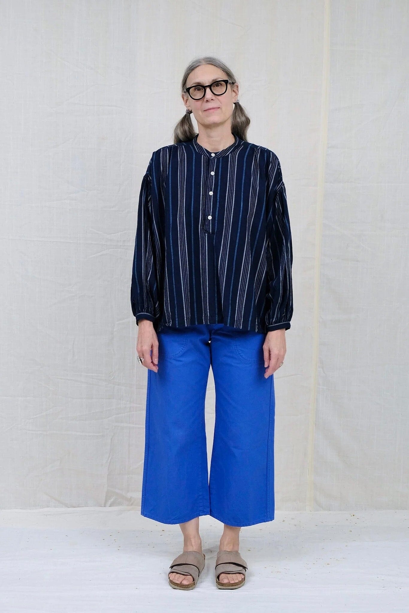 UQNATU Peasant Blouse - Indigo Awning Stripe