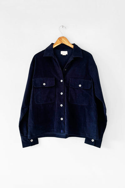 Navy cotton corduroy long sleeve navy shirt designed by M.Patmos in Brooklyn New York.