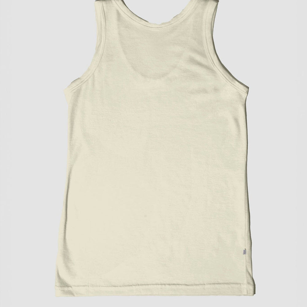 The back of a beige, sleeveless, organic pima cotton tank top against a white background.