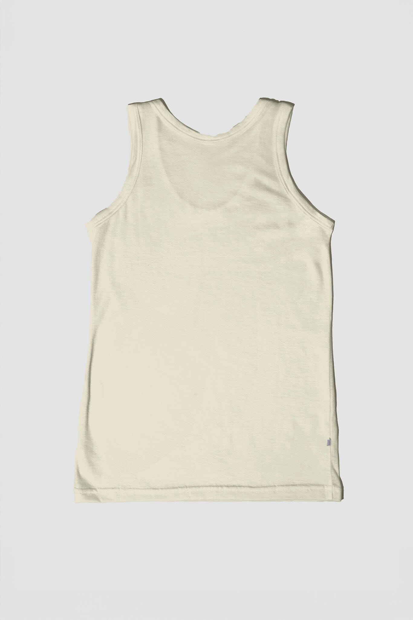The back of a beige, sleeveless, organic pima cotton tank top against a white background.