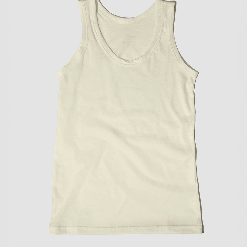 A beige, sleeveless, organic pima cotton tank top against a white background.