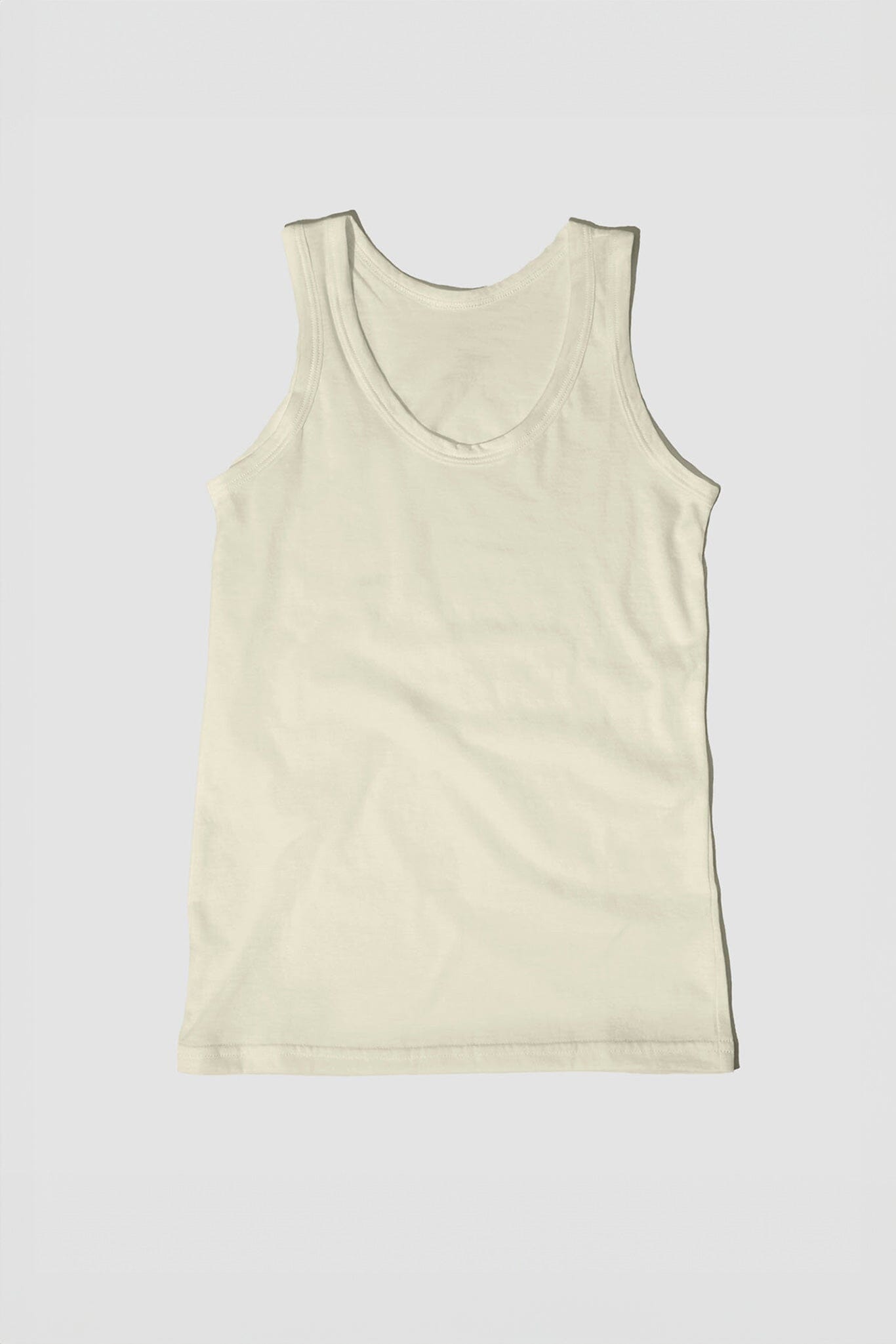 A beige, sleeveless, organic pima cotton tank top against a white background.
