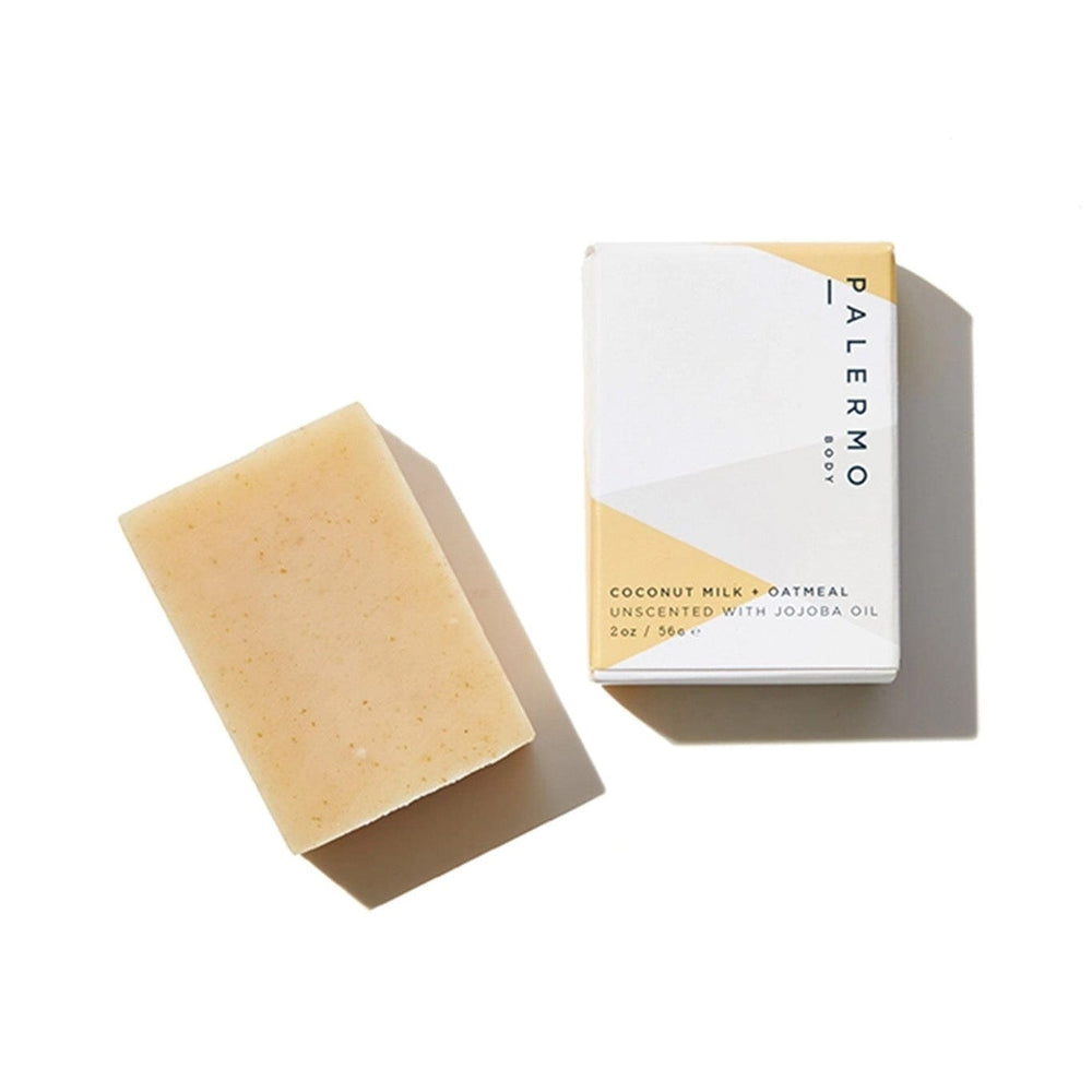 Organic coconut milk, oatmeal and jojoba bar soap by Palermo Body. Handmade in Brooklyn, New York.