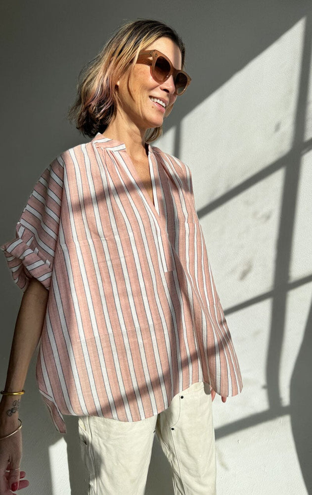 
                  
                    short sleeve two pocket shirt in rose and white stripe
                  
                
